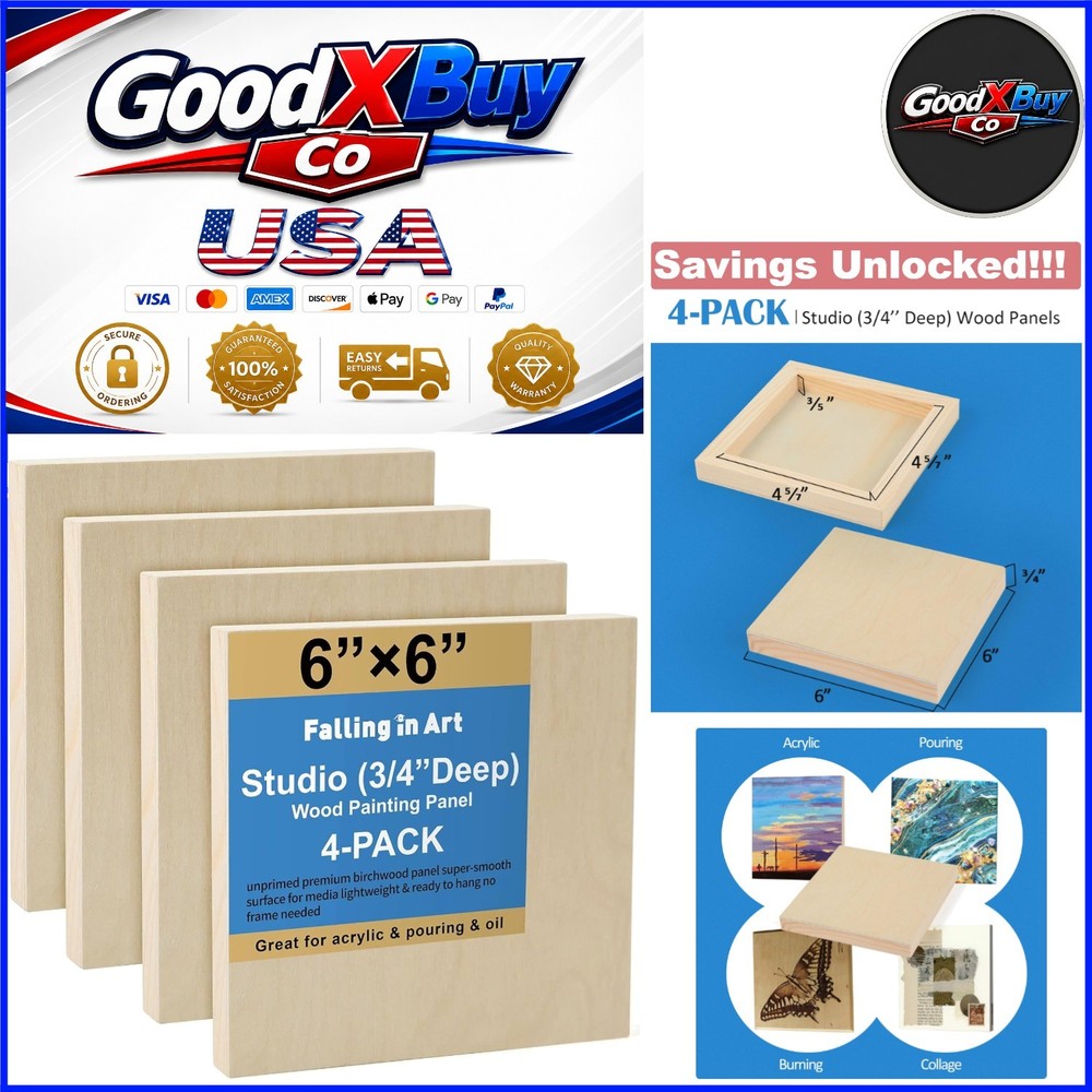 4 Pack Birch Wood Canvas Panels 6×6’’ Cradle Boards for Art & Crafts