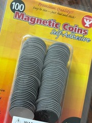 Magnetic coins self adhesive, 100, new in a plastic seal, 3/4 inches