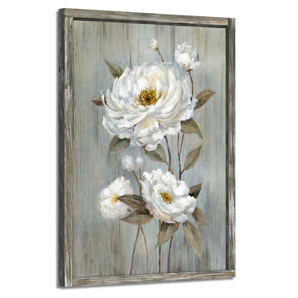 Modern Floral Framed Wall Art: Rustic White Flower Oil Painting Abstract Bota…