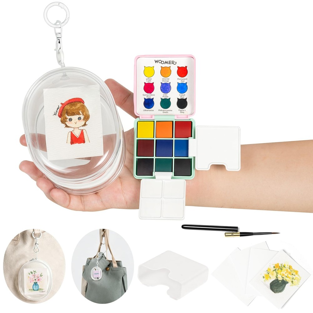 9-Color Travel Pan Set with Brush, Cup & Display Pouch