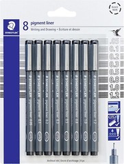STAEDTLER Pigment Liner Pack Black 8 Pens Assorted Line Widths 0.05Mm, 0.1Mm