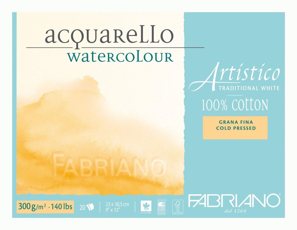 Fabriano Artistico 140 lb. Cold Press 20 Sheet Block 9×12″ – Traditional White