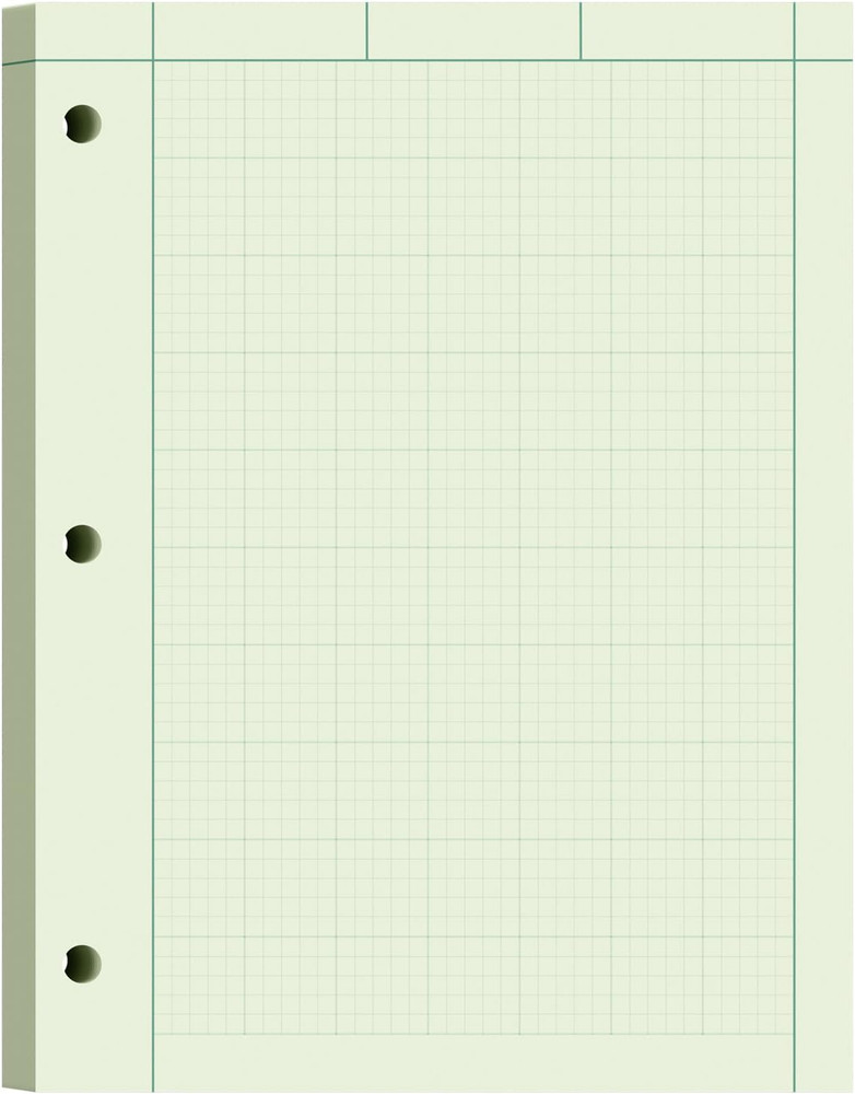 Engineering Paper Pad 8.5×11 Green 5×5 Grid 100 Sheets 3-Hole Punched