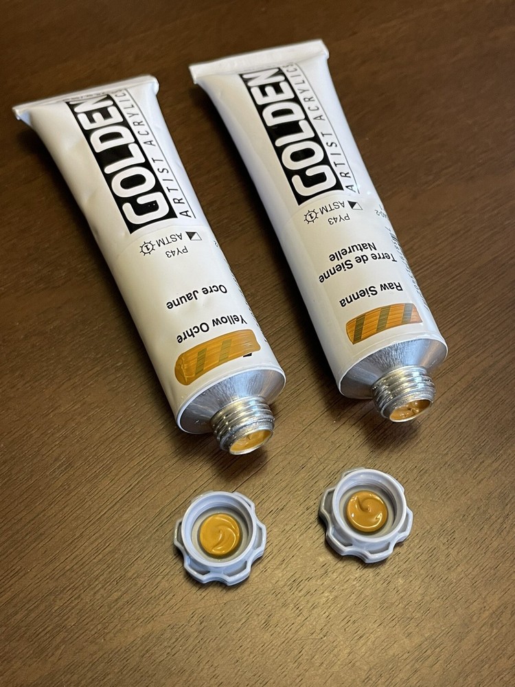 Pre-reformulation Yellow Ochre & Raw Sienna acrylic, 2oz, Golden Artist Colors