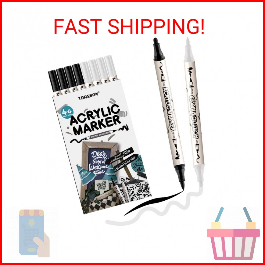TRANSON 4 Black and 4 White Paint Markers Brush and Bold Dual-tip Acrylic Paint