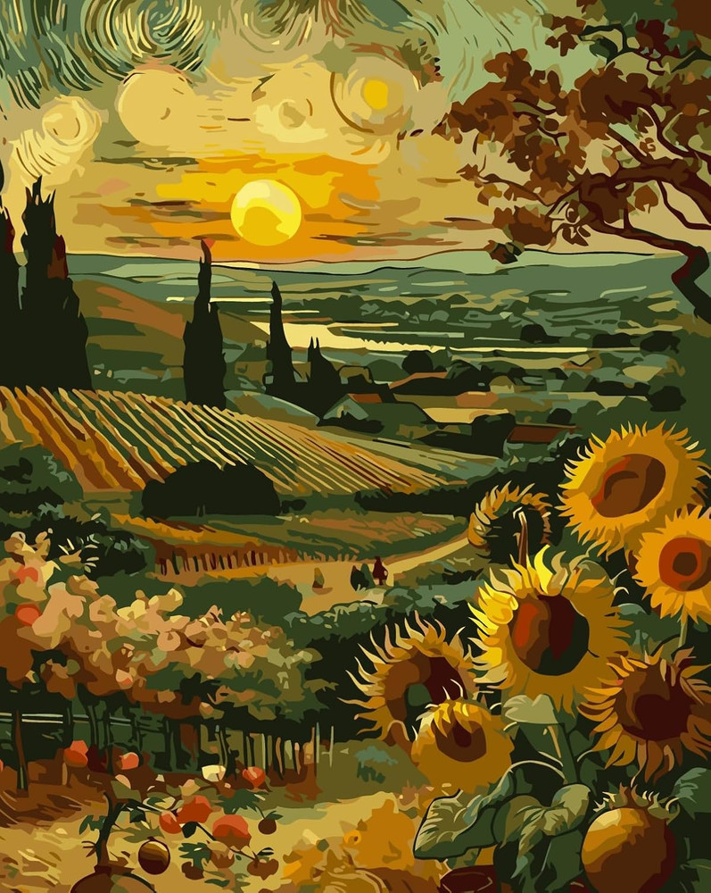 Sunflower Paint by Numbers for Adults Beginner, Vvillage Landscape Paint by Numb