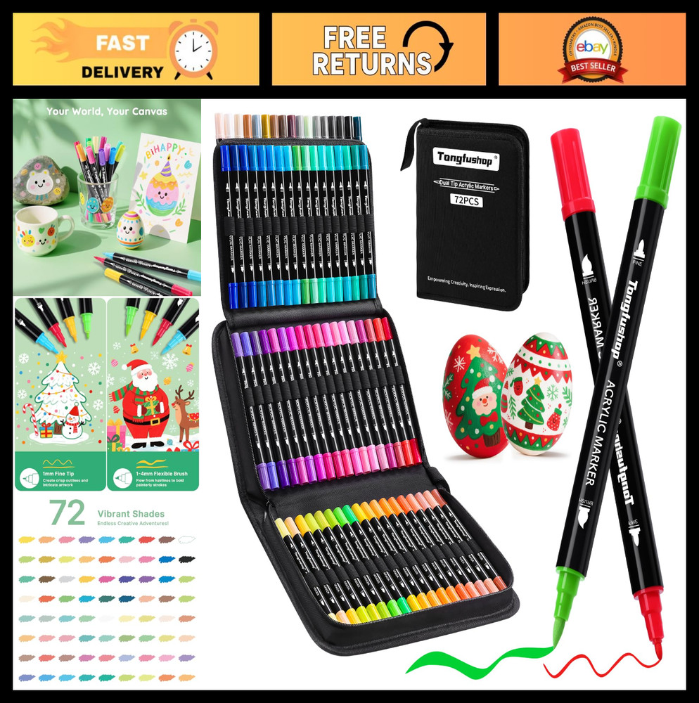 72 Colors Dual Tip Acrylic Paint Markers – Brush & Fine Tip for DIY Crafts, Rock