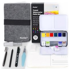 Travel Watercolor Set, 12-Color Paint, 10 Premium Postcards, Brush, Brush Pen…