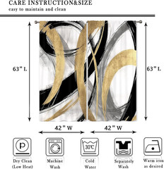 Abstract Modern Line Curtains 42W X 63L Inch Black Gold Gray Minimalist Contempo