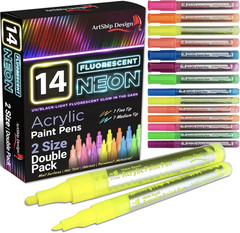 14 Pack Neon UV Fluorescent Acrylic Paint Pens, Double Pack of Both Extra Fine a