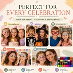 Non-Toxic Washable Face Painting Kit, 42 Colors, Brushes, Sponges & Stencils for