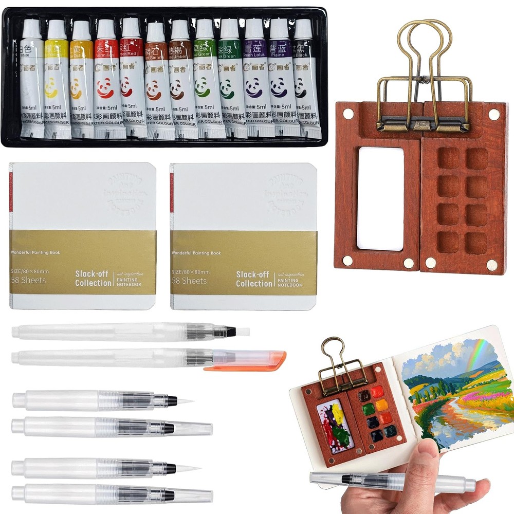 Pocket Artist Watercolor Travel Set, with 1 Walnut Wood Portable Palette 8 Gr…