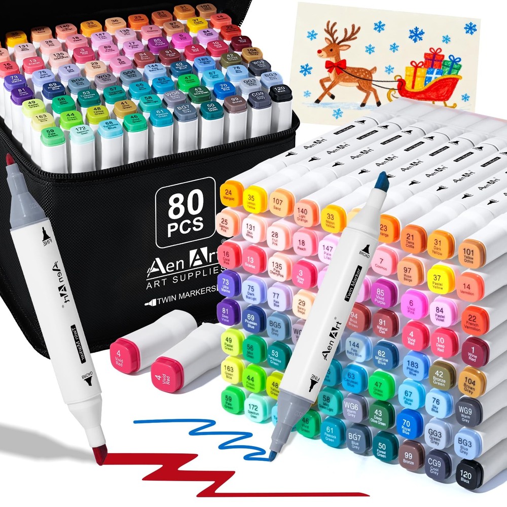 AenArt Alcohol Markers, 80 Color Dual Tip Art Drawing Markers, Artist Pens wi…