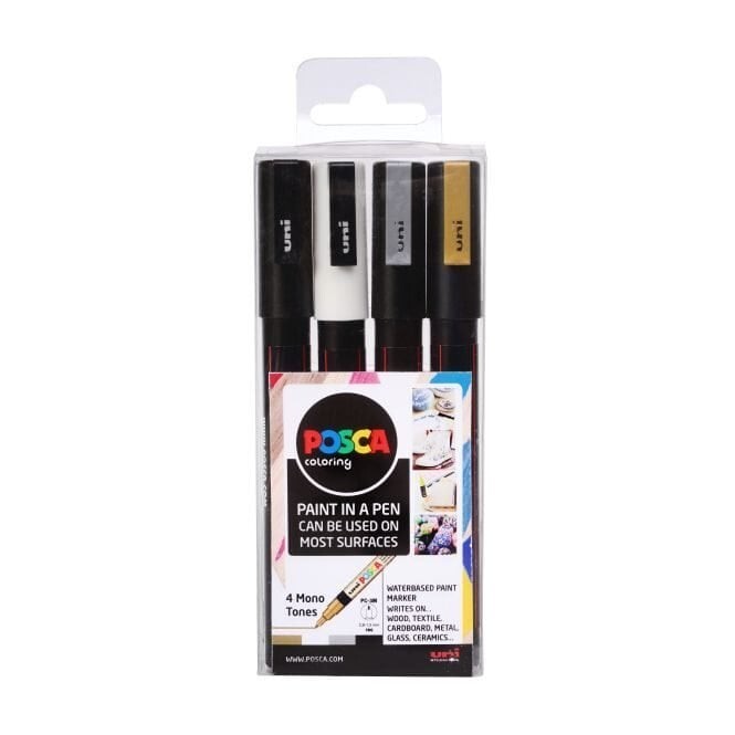 Uni Posca PC-3M Mono Tones (4) – Ink Marker 0.9-1.3mm – Multi-use Bundle Set