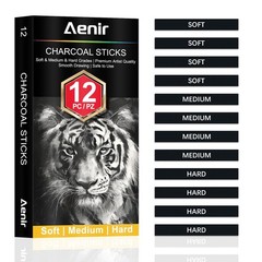 Aenir Compressed Charcoal Sticks Set of 12 – Soft, Medium, Hard Charcoal for …