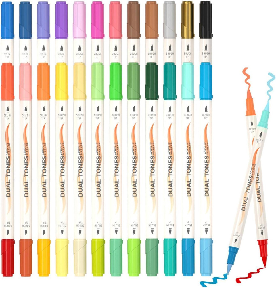 48 Colors Dual Tone Acrylic Paint Markers, 24 Pack Acrylic Paint Pens Set for Ro
