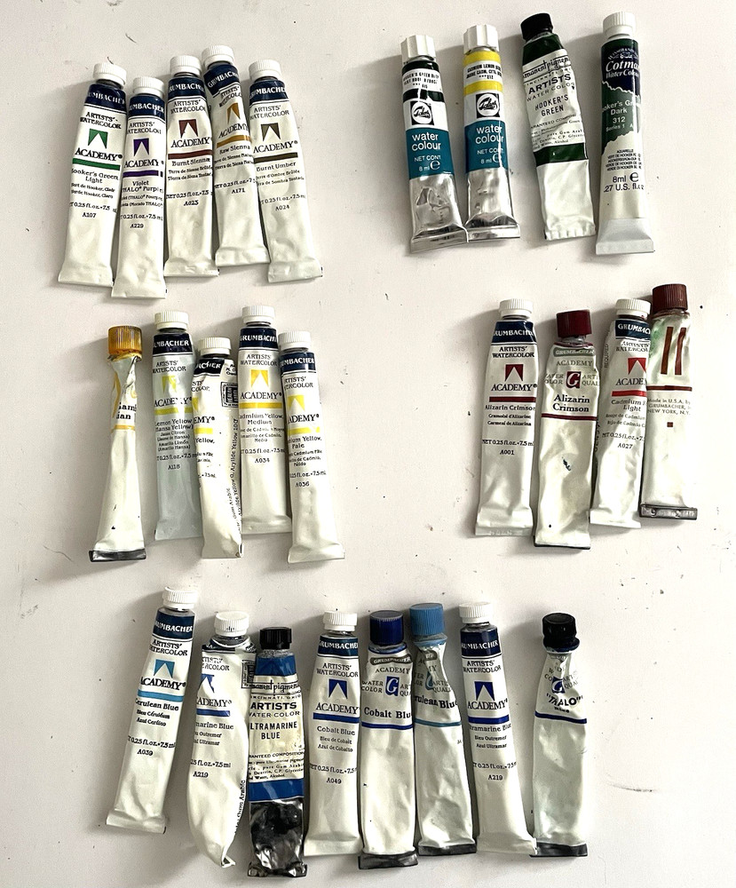 GRUMBACHER Watercolor Lot-26 Paint Tubes +TALENS COTMAN Some Unused-All Pliable