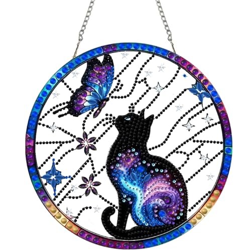 DIY Hanging Diamond Art Pendant Painting Kit Cat Wreath, Acrylic Diamond Art