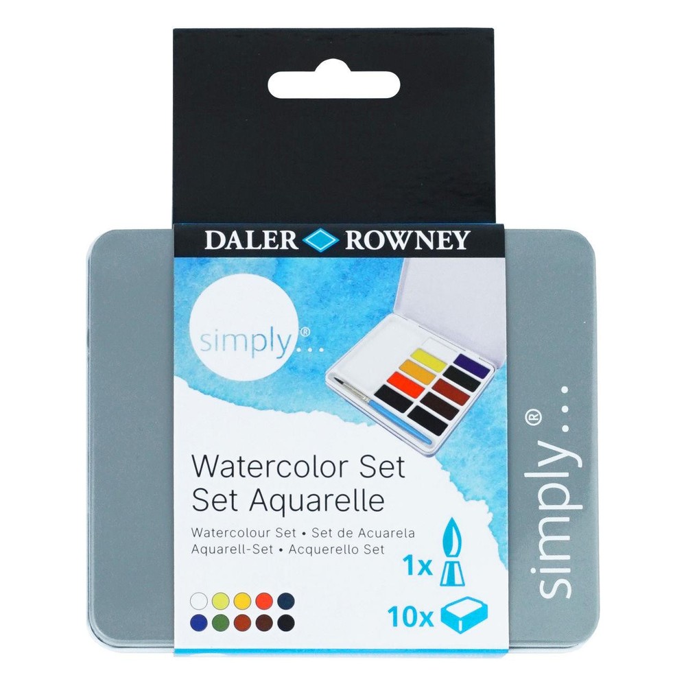 Daler Rowney Simply Watercolour Paint Set 10 Assorted Colours & Brush in Tin