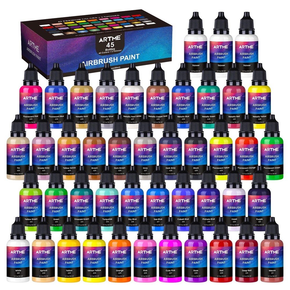 Airbrush Paint Set 42 Colors Water Based Acrylic Ready Spray Opaque Metallic Neo