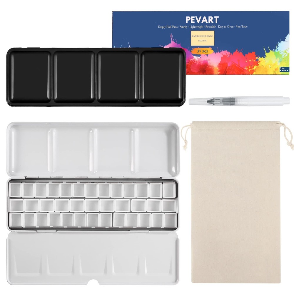 Empty Watercolor Paint PaletteMetal Box Mixing Palette 37 Half Pans Black