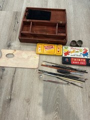 Vintage Artist Wood Paint Box w/ Grumbacher Brushes USA & Lindsey’s Water Colors
