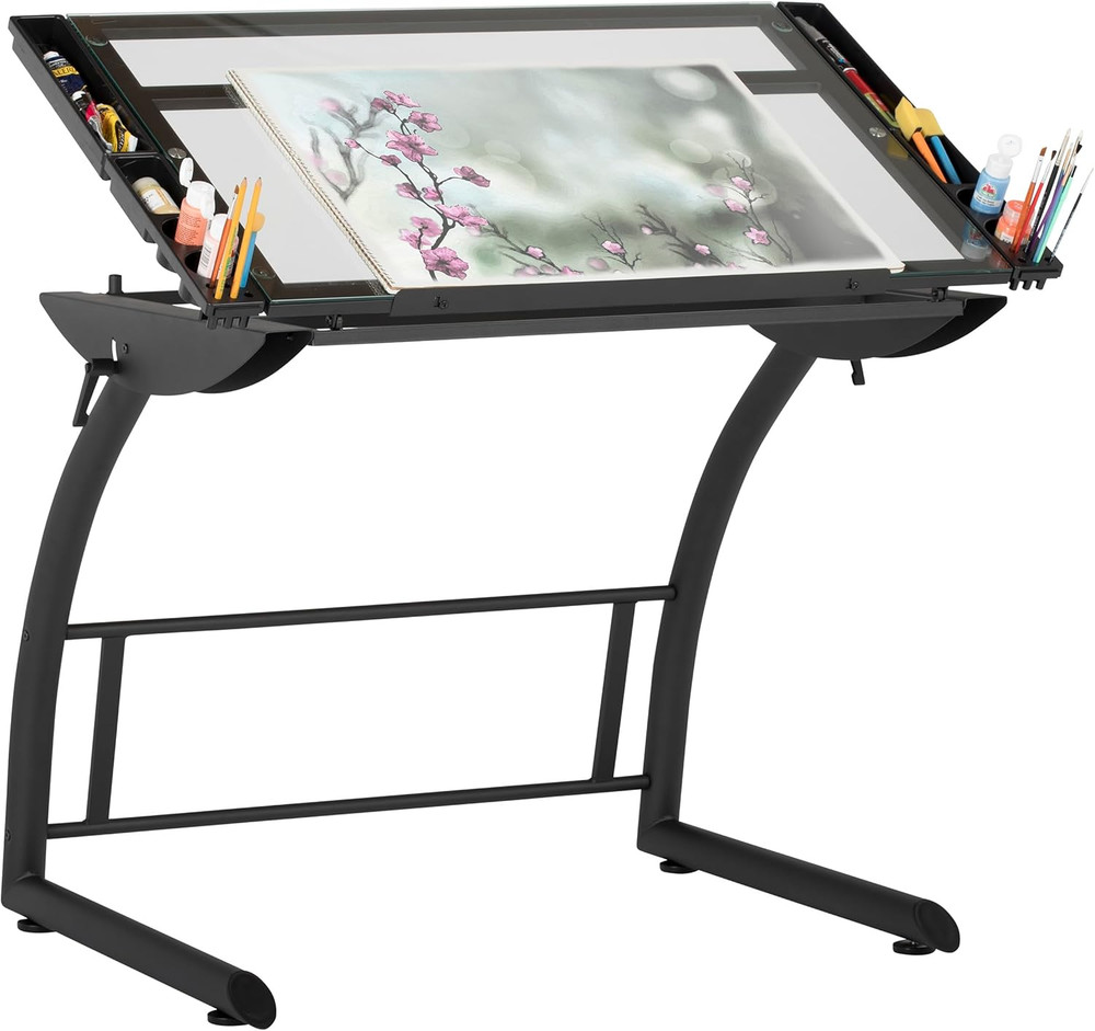 Adjustable Triflex Drawing Table, Sit-Stand Desk, Charcoal Black/Clear Glass