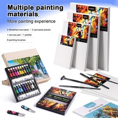 Acrylic Art Set with 18 Acrylic Paints, 8 Brushes, 4 Stretched Canvas, 1Woode…