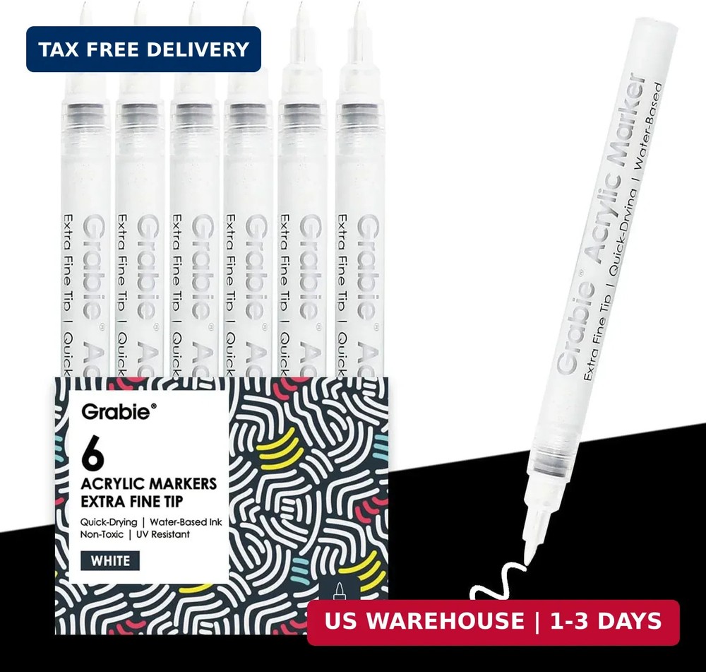Grabie 6 White Acrylic Paint Markers, 0.7mm Extra Fine Tip Acrylic Paint Pens fo