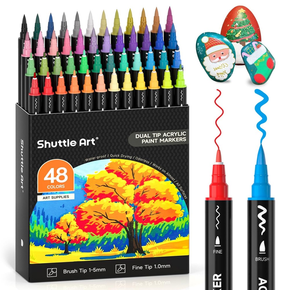 Dual Tip Acrylic Paint Pens, 48 Colours Fine & Brush Paint Marker