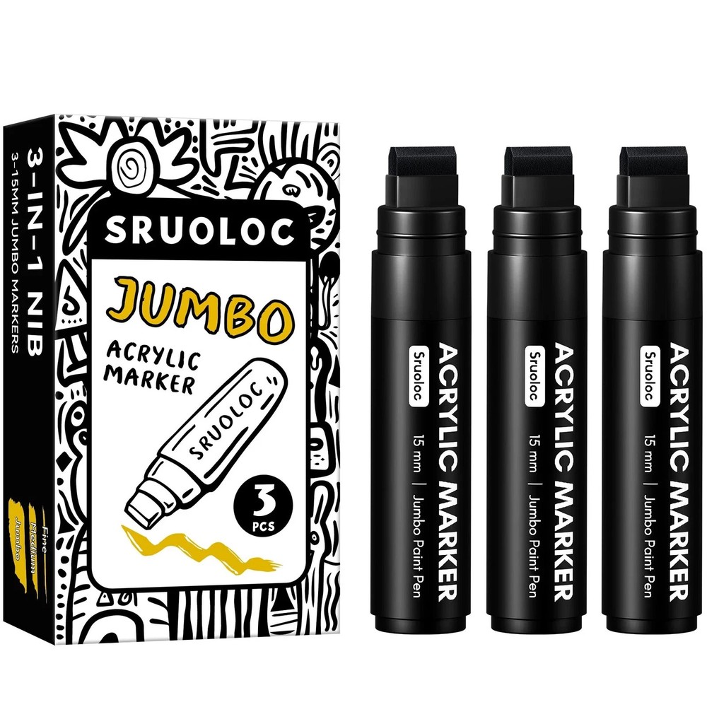 3 Jumbo Permanent Markers Black, 15mm Thick Wide Tip, Large Acrylic Paint Mar…