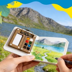 Mini Watercolor Paint Set, 24 Colors Travel Kit with Wood Palette, brown