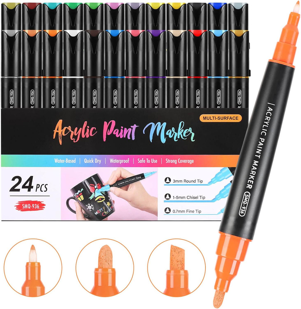 24 Colors Three Tips Acrylic Paint Markers, Fine Medium Chisel Tip Acrylic Paint
