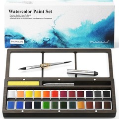 Best Fuumuui Watercolor Paint Set 24 Paints with Dual Tip Travel Brushes Wooden