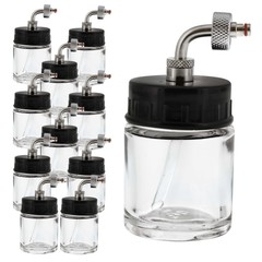 10 Glass 3/4oz 22cc Bottles Jars Side-Feed Mount Airbrush Lid Assembly Adapter