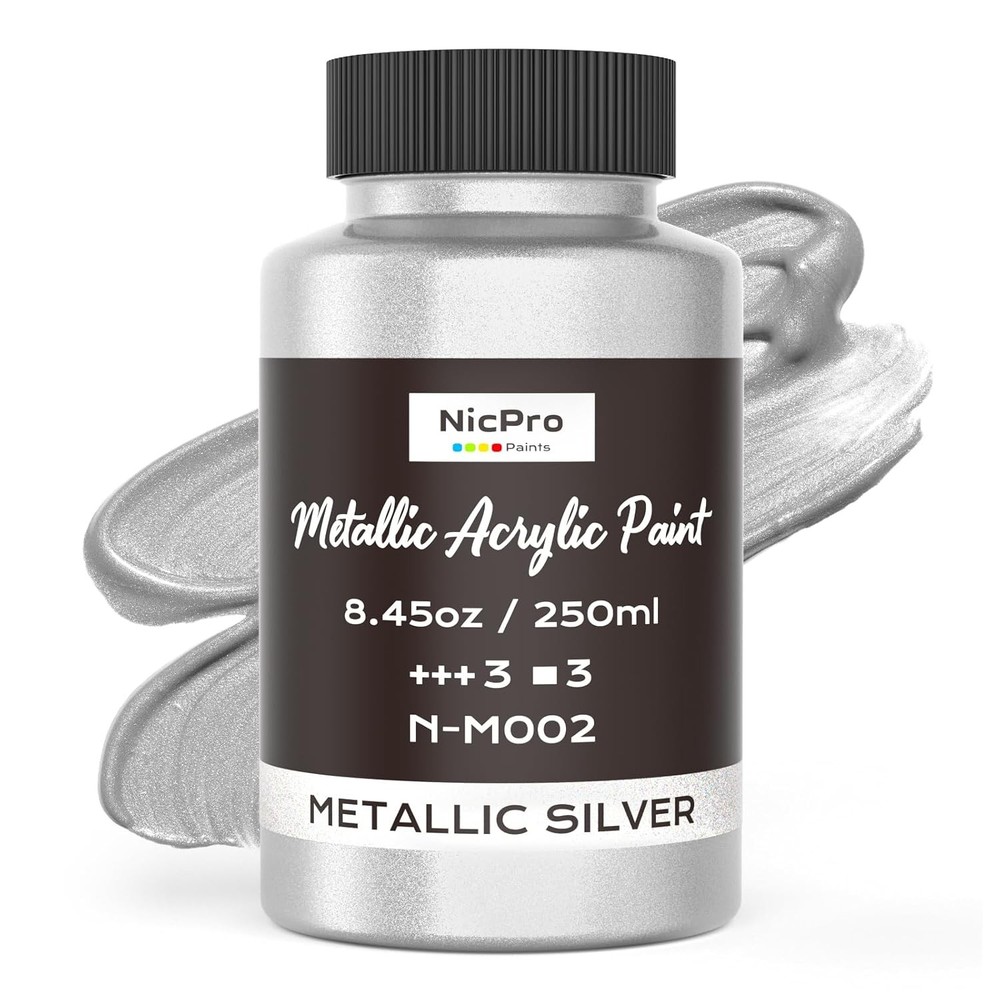 Nicpro Metallic Silver Acrylic Paint, 8.45oz/250ml Silver Leaf Paint, Non Toxic,