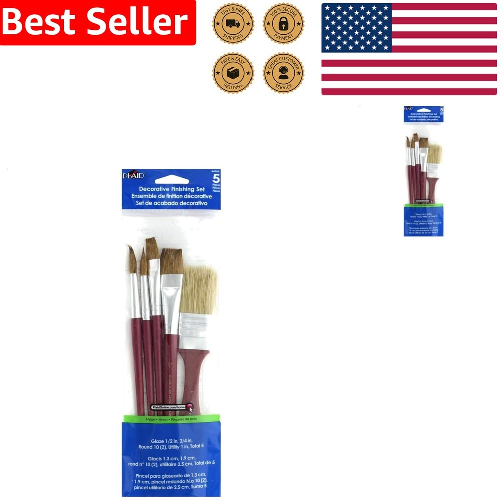 Decorative Paint Brush Set 5 Piece Large Wood Handle Flagged Bristle Multicolor