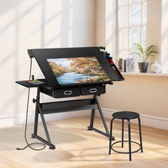 Drawing Drafting Table Stage Platform Adjustable Height W/ Stool Outlet Black