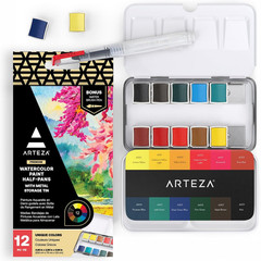 ARTEZA Watercolor Paint, Set of 12 Assorted Vibrant Colors in Half Pans, Tin Box