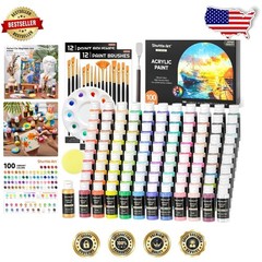 Acrylic Paint 100 Colors 2oz Bottles, Quality, Waterproof, for Canvas, Wood,…
