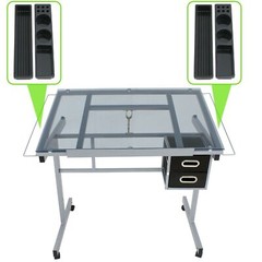 Adjustable Drafting Table Art Desk Drawing Table Glass Tabletop w/2 Slide Drawer