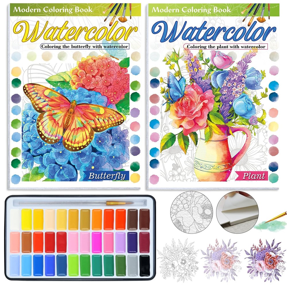 2Pack Watercolor Coloring Book for Adults + 36 Color Watercolor Set: 24 Uniqu…