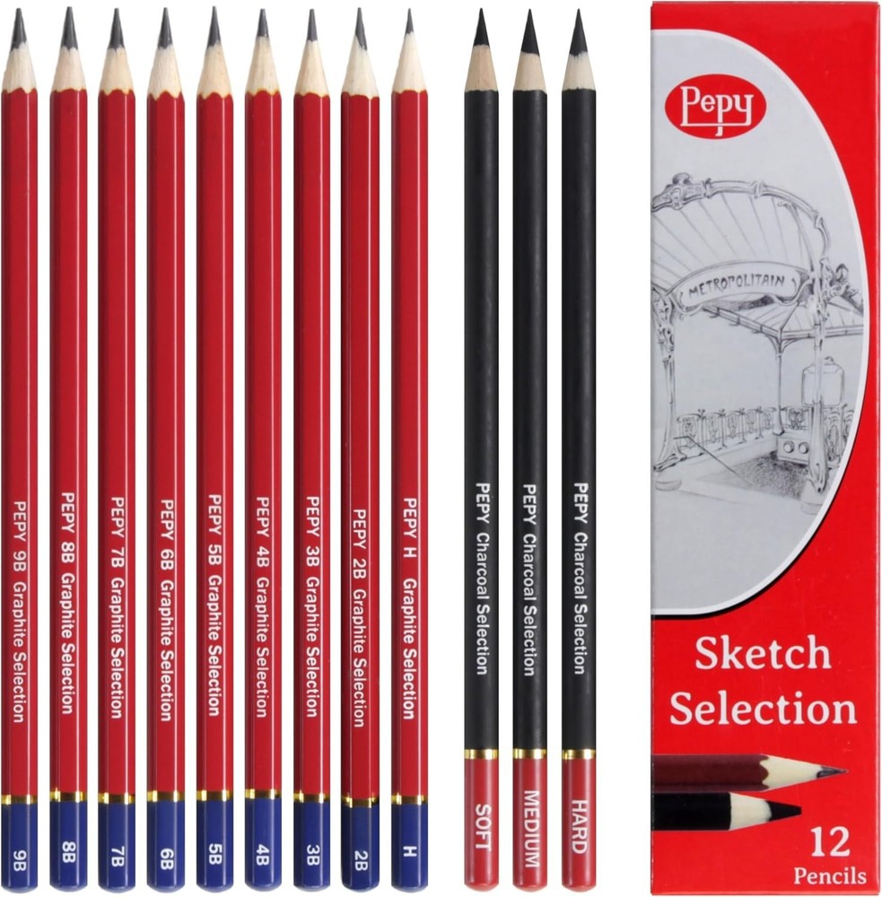 Professional Drawing Pencil Assortment, 9 Graphite and 3 Charcoal Hardnesses