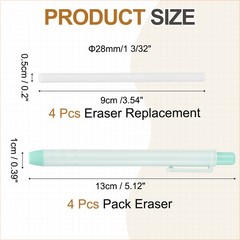 4+4Pcs Retractable Eraser Pen, with 4Replacement Rubber Refill, Light Green TPE