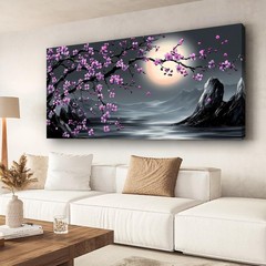 Moonlit Night Cherry Blossom Landscape Pictures Canvas Wall Art for Living Ro…
