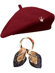 3 Pcs Beret Hats for Women French Wool Beret with Silk Scarf Brooch Burgundy