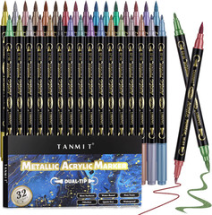 32 Colors Metallic Marker Pens, Dual Tip Acrylic Paint Pens Markers for Black Pa