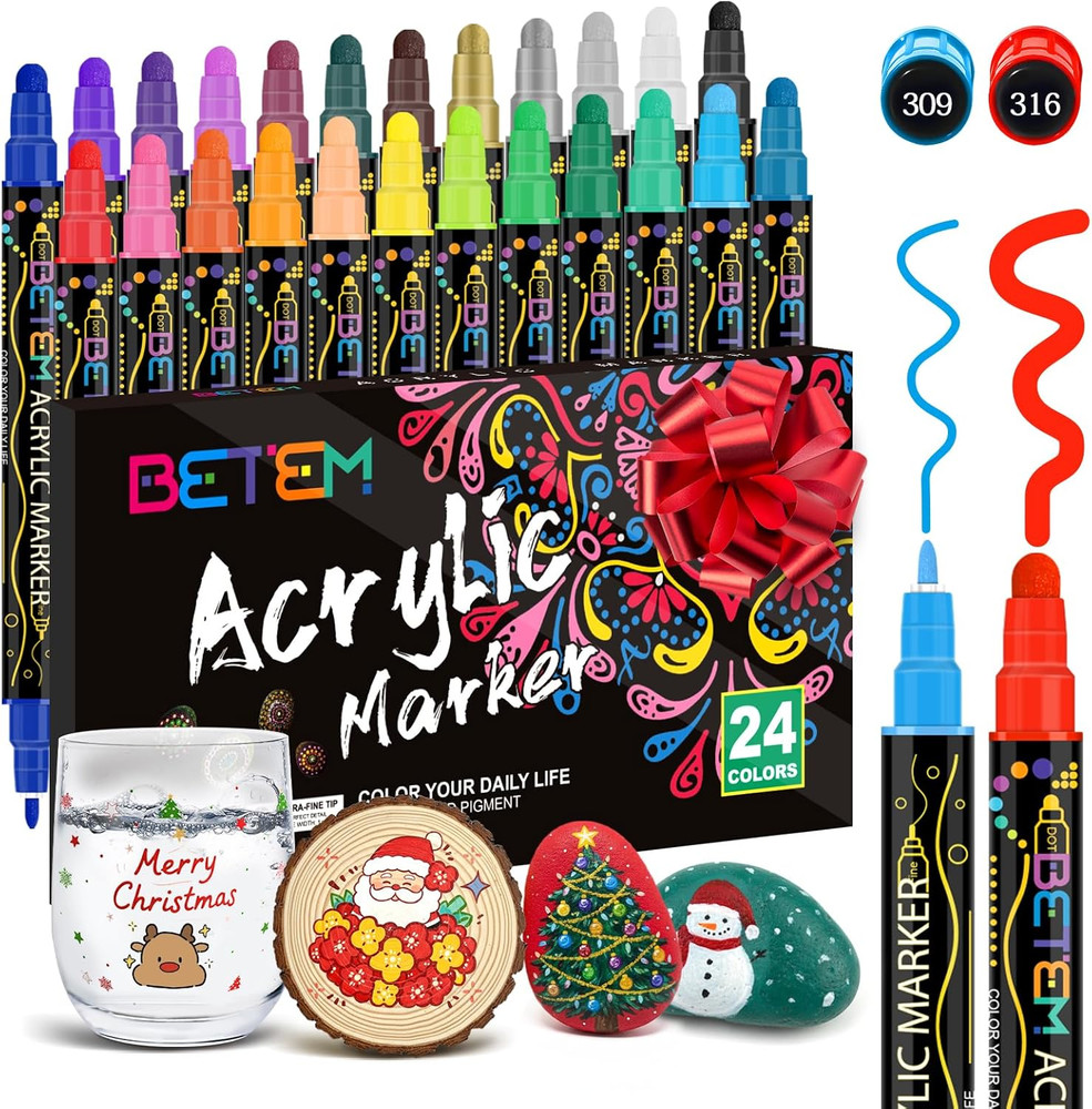 24 Colors Dual Tip Acrylic Paint Pens Markers, Premium Acrylic Paint Markers Sto