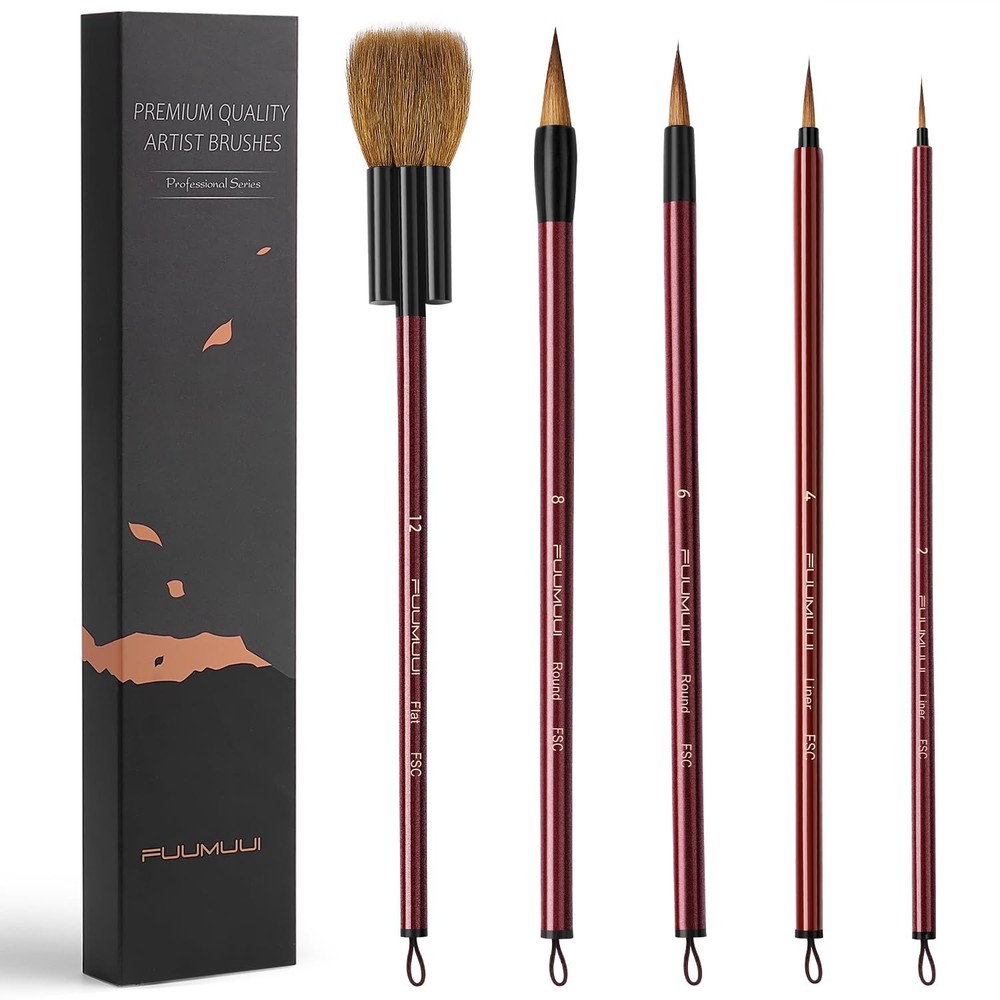 5Pcs Goat Mixed Sable Nylon Hair Watercolor Paint Brushes Flat Round Set