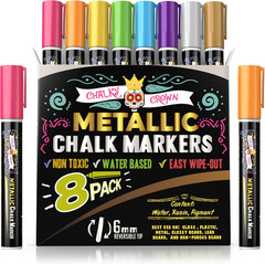 Metallic Liquid Chalk Markers – 8 Pack with Reversible Bullet and Chisel Tips –